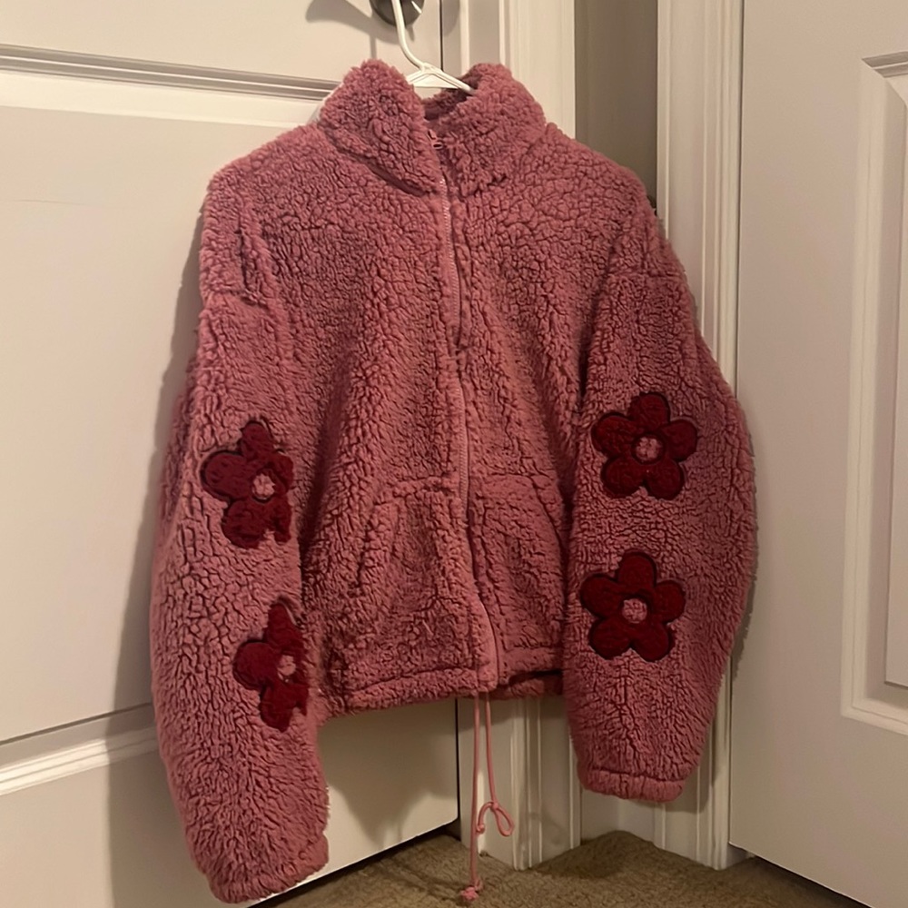 pacsun, pink fuzzy flower jacket